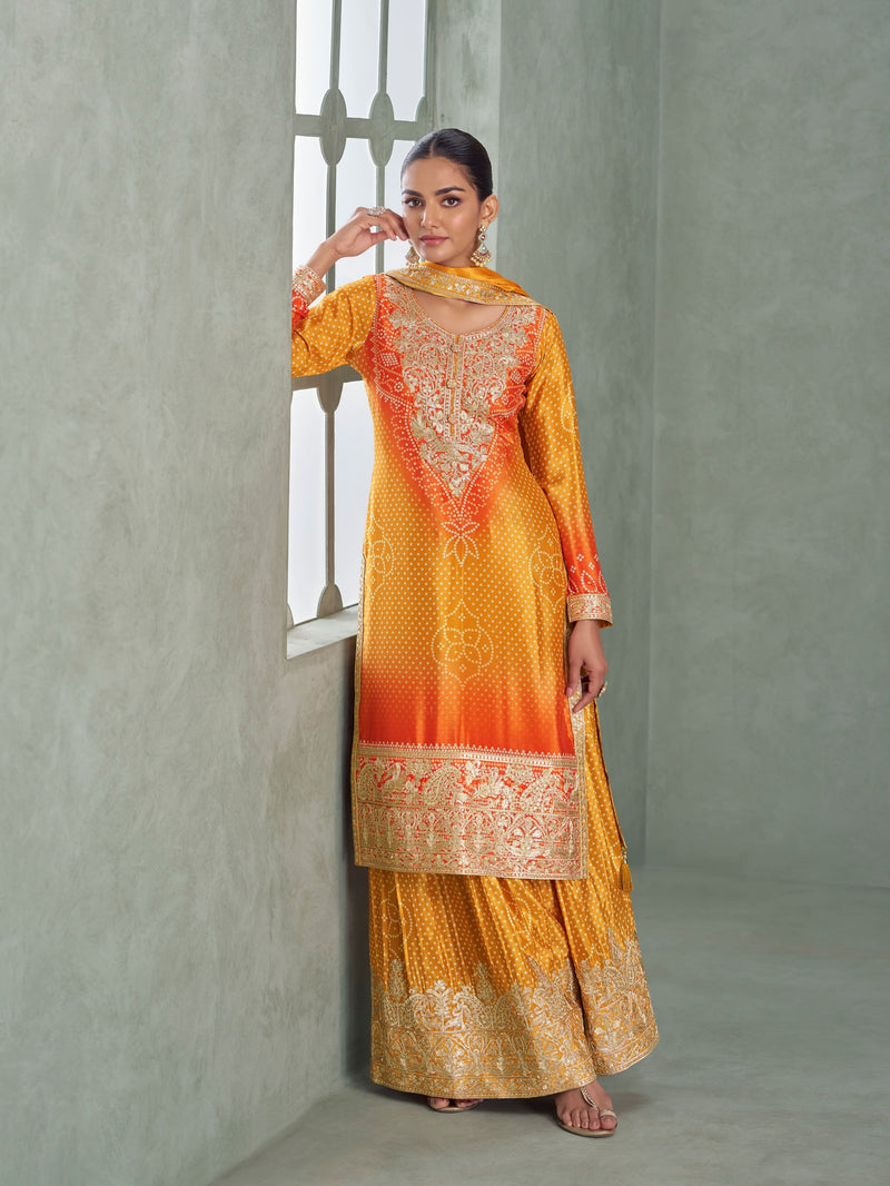 Ombre silk suit with embroidery and dupatta for weddings