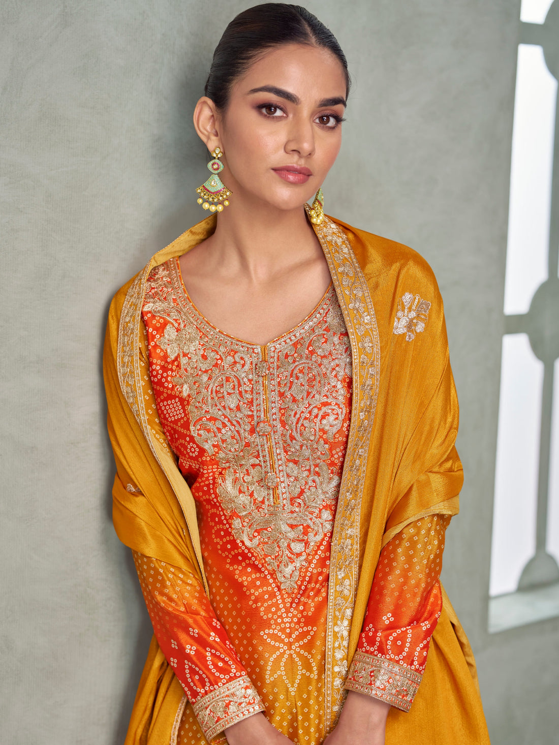 Orange yellow ombre Chinnon Silk palazzo suit for haldi