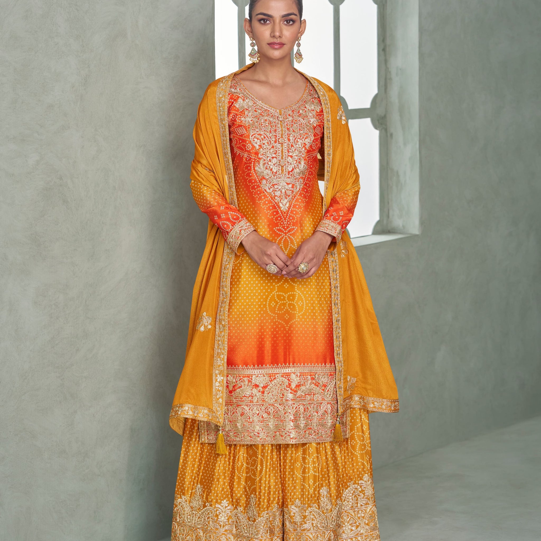 Orange yellow ombre Chinnon Silk palazzo suit for haldi
