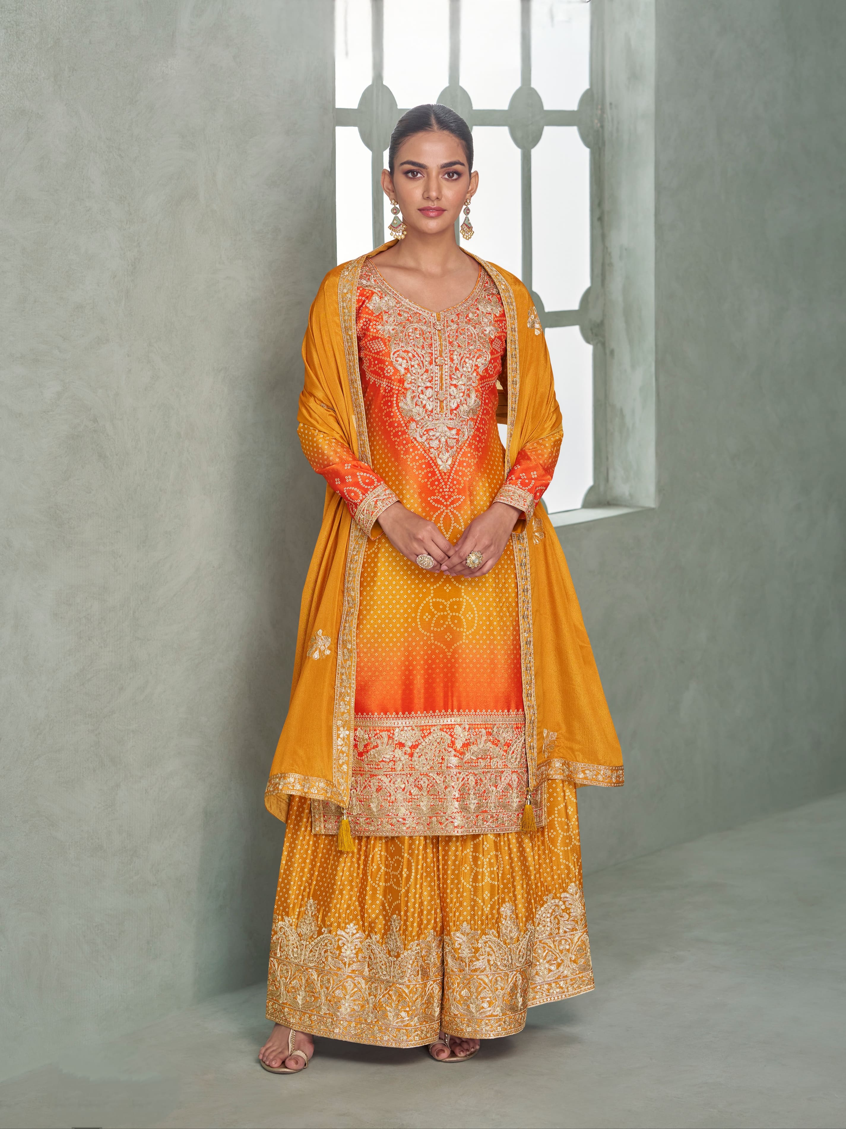 Orange yellow ombre Chinnon Silk palazzo suit for haldi