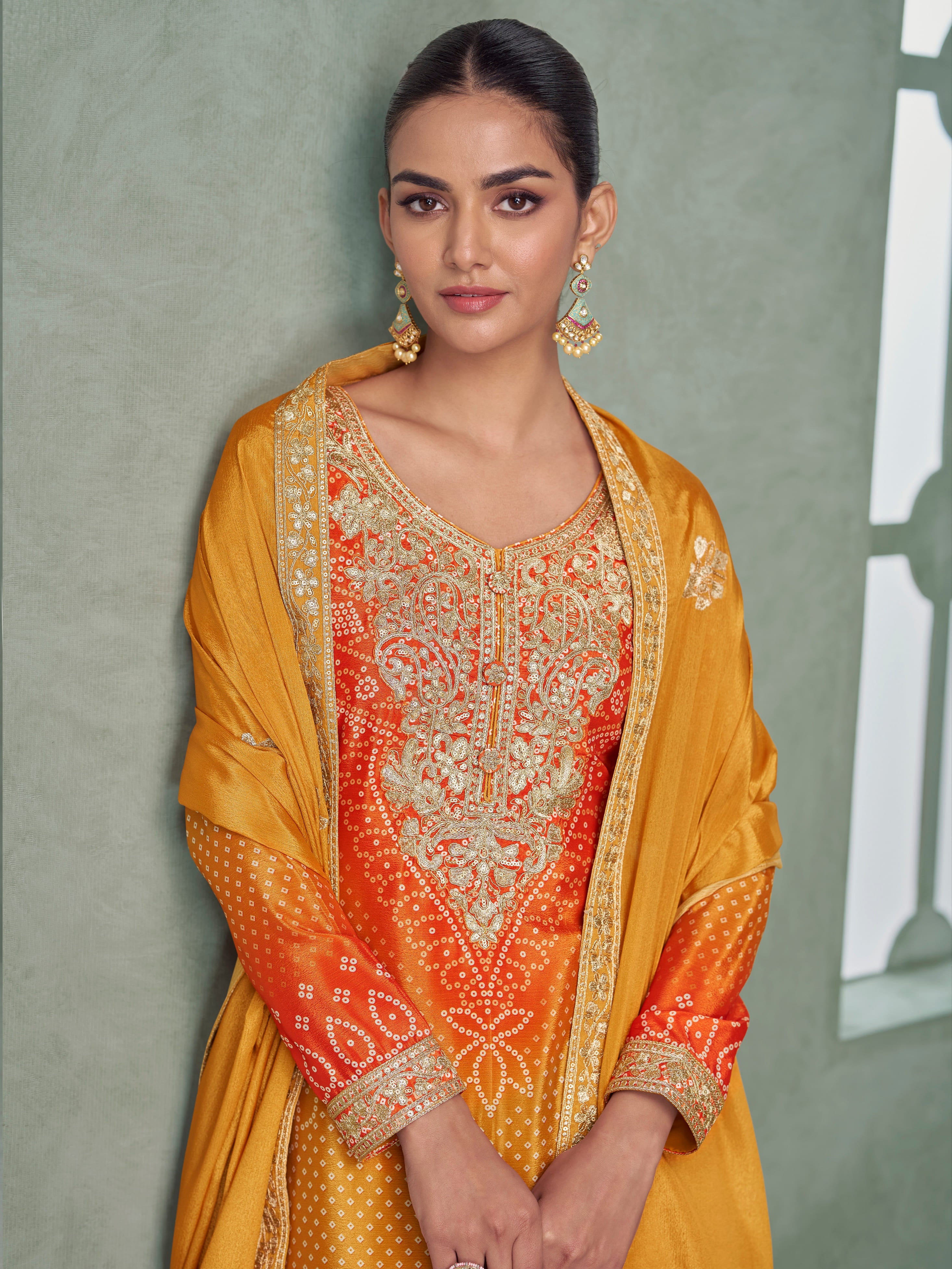 Traditional orange yellow festive palazzo set for women