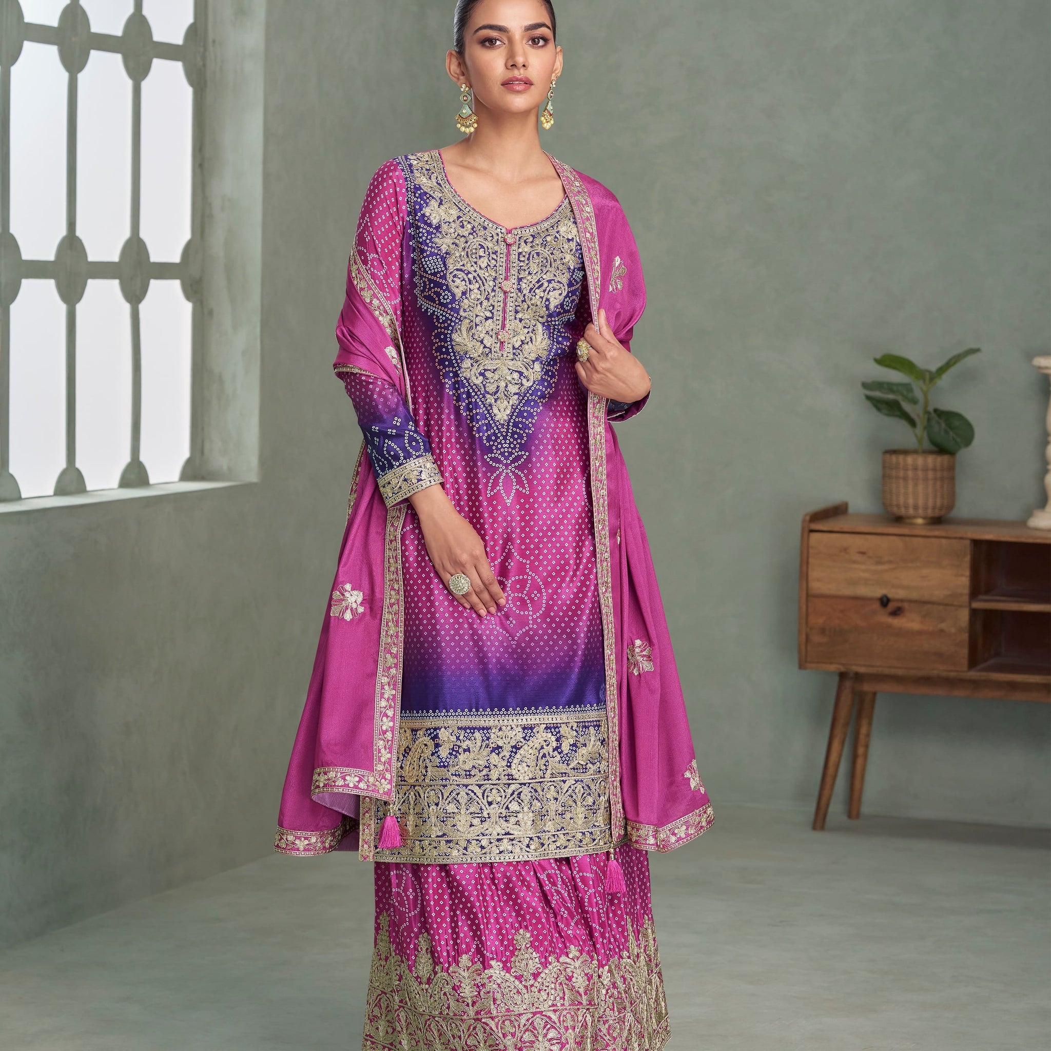 Purple pink ombre Chinnon Silk palazzo suit with embroidery