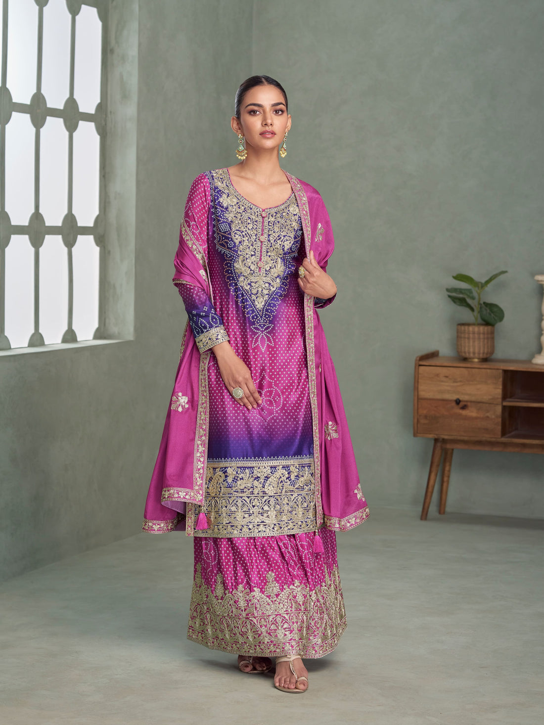 Purple pink ombre Chinnon Silk palazzo suit with embroidery