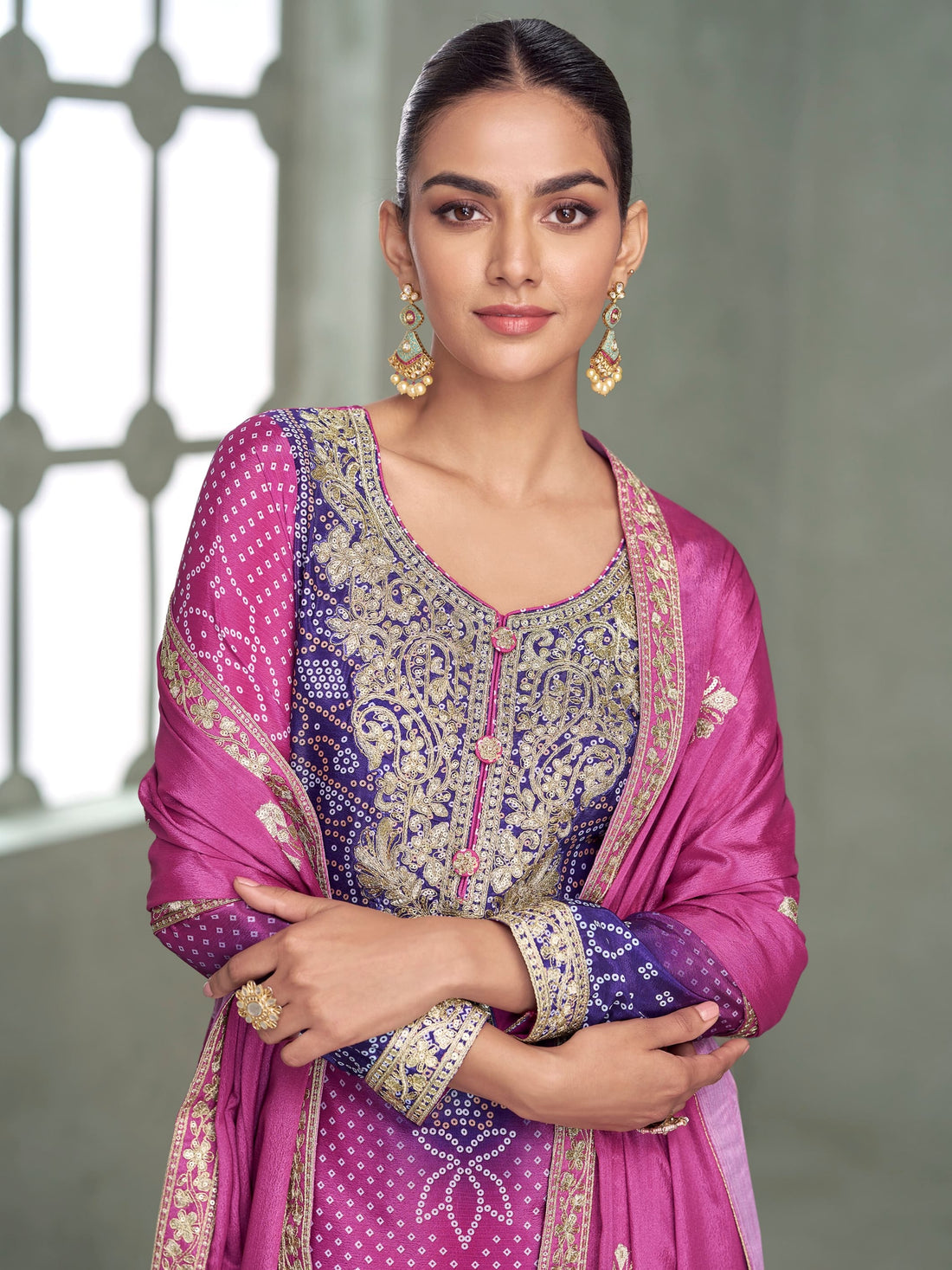 Purple pink ombre Chinnon Silk palazzo suit with embroidery