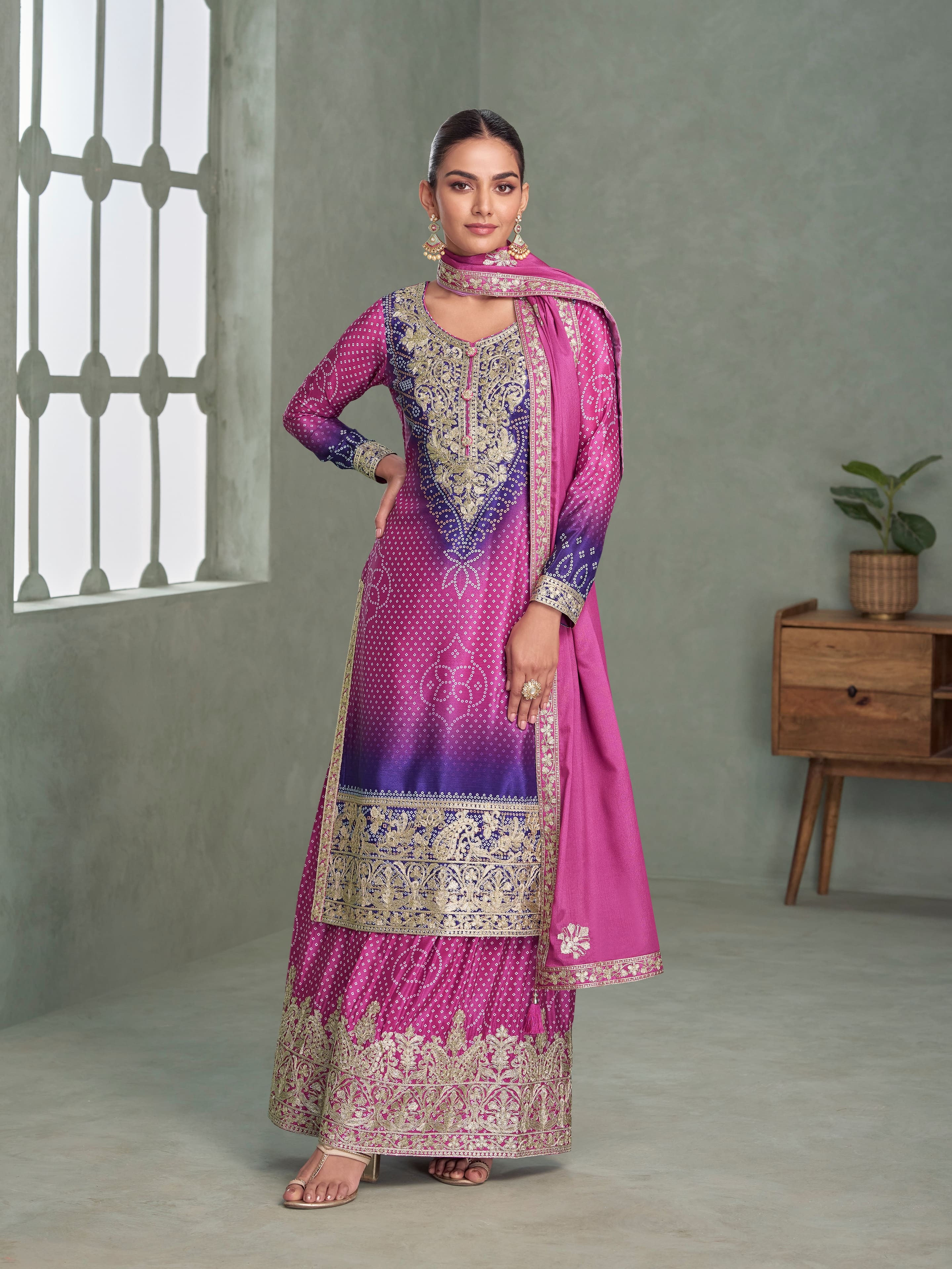 Designer ombre silk palazzo suit for reception and sangeet