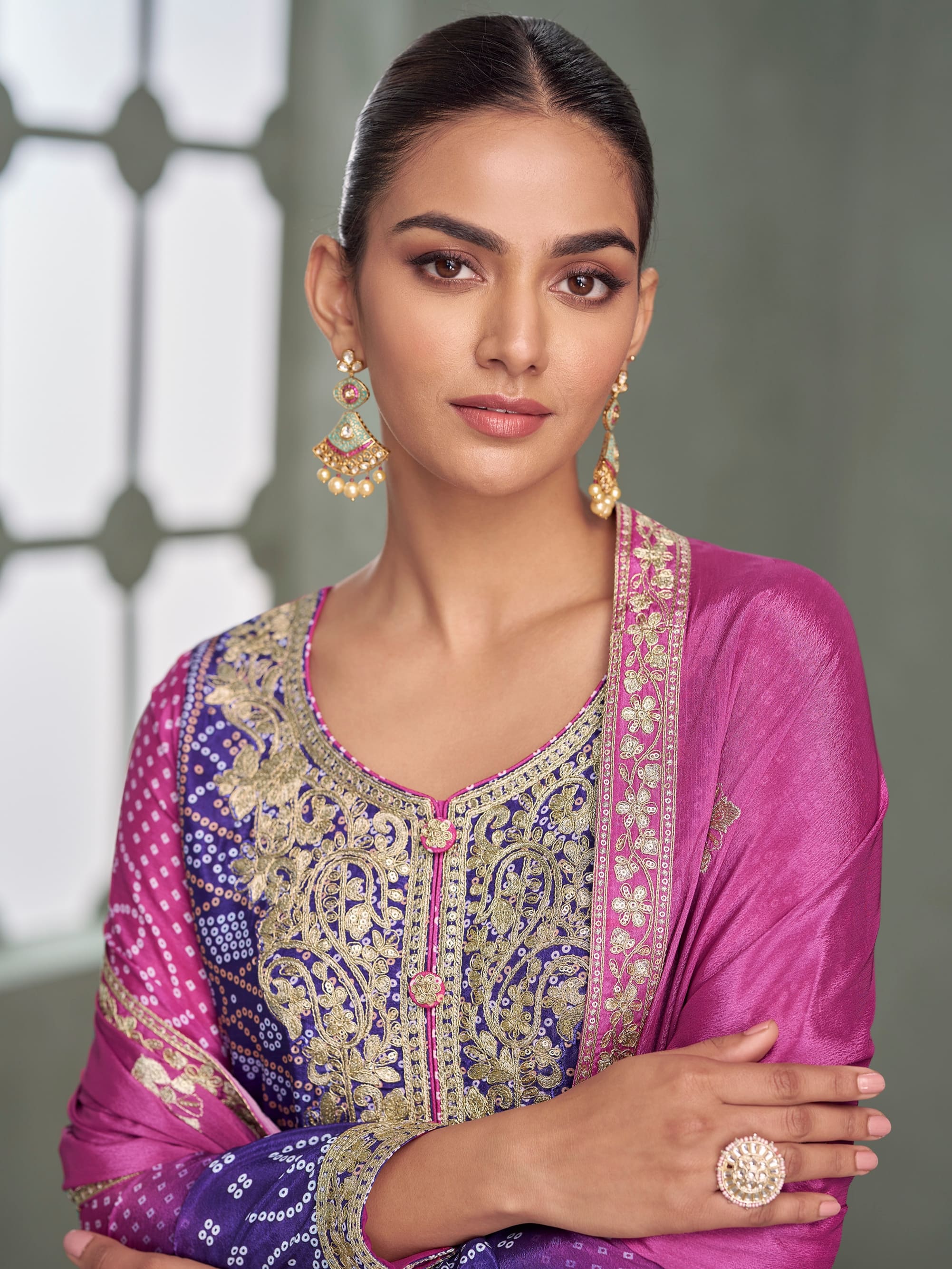 Stylish purple pink embroidered palazzo suit with dupatta
