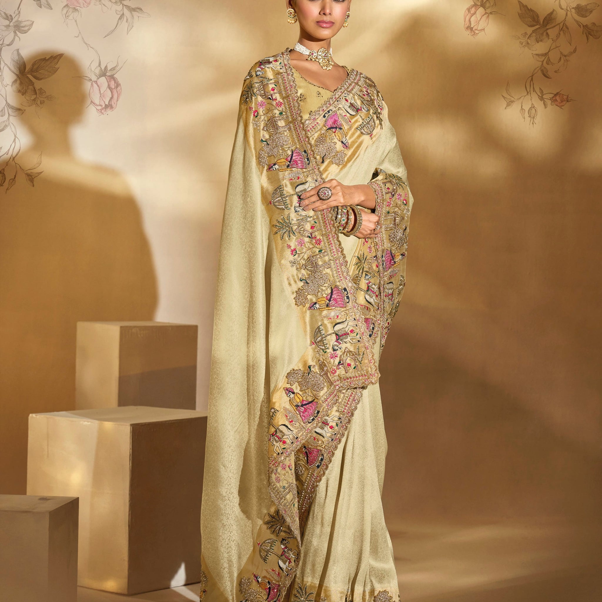 Cream Ziraf Silk Wedding Saree with Heavy Jari and Moti Embroidery
