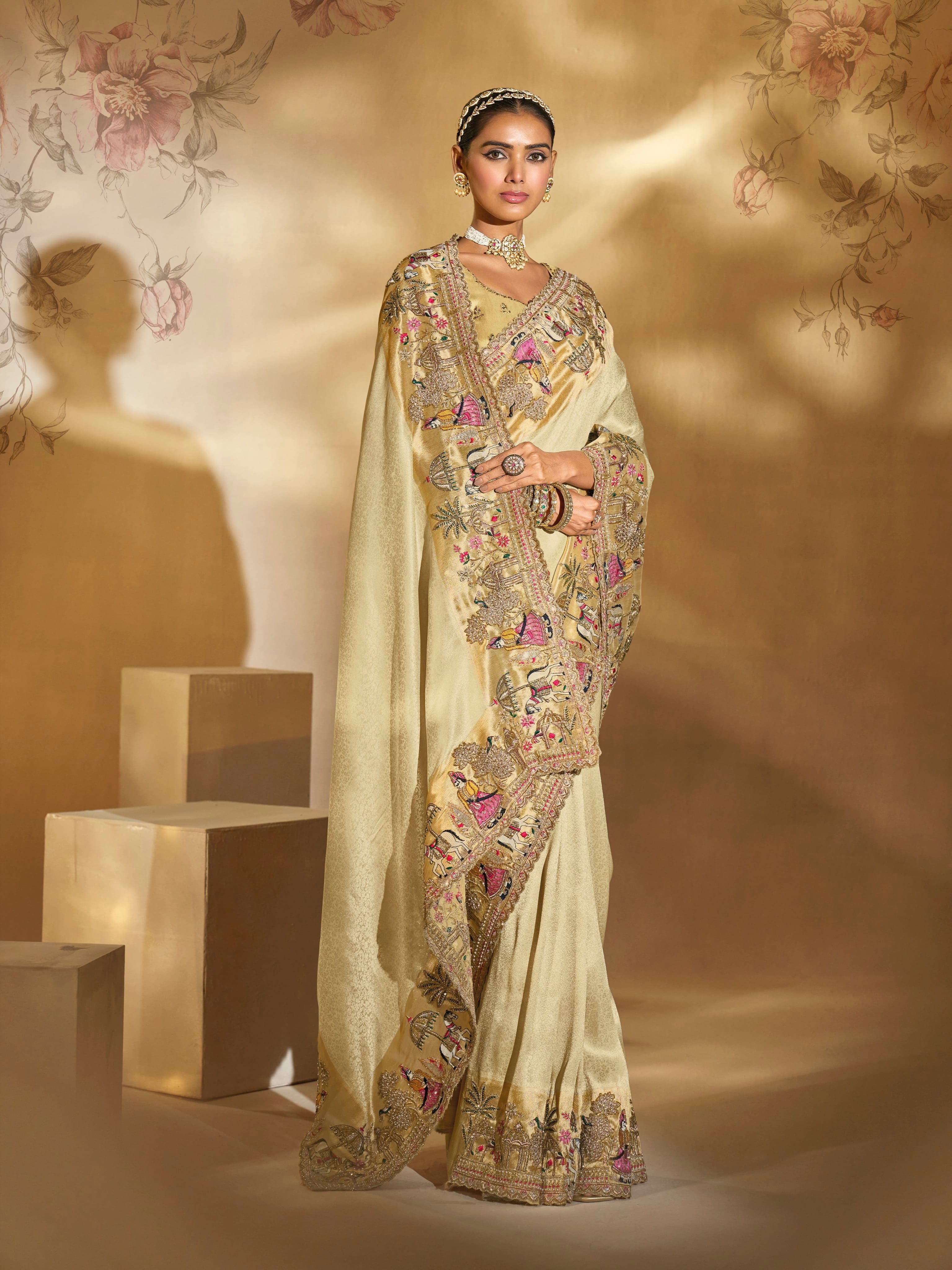 Cream Ziraf Silk Wedding Saree with Heavy Jari and Moti Embroidery