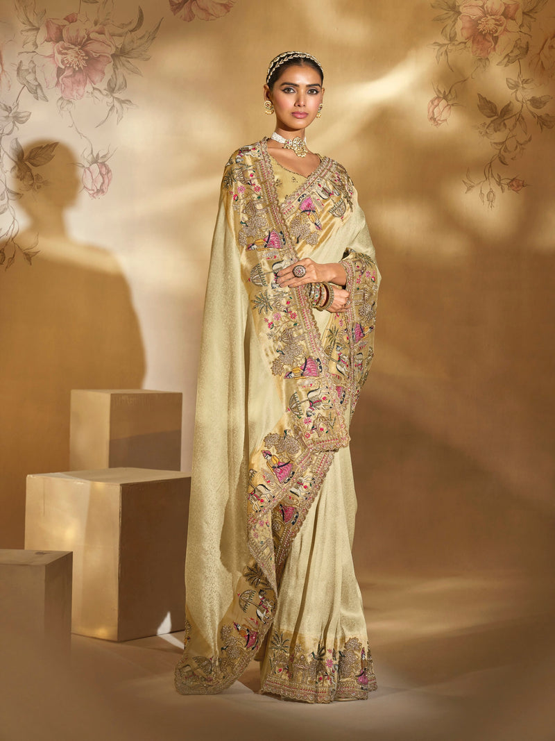 Cream Ziraf Silk Wedding Saree with Heavy Jari and Moti Embroidery