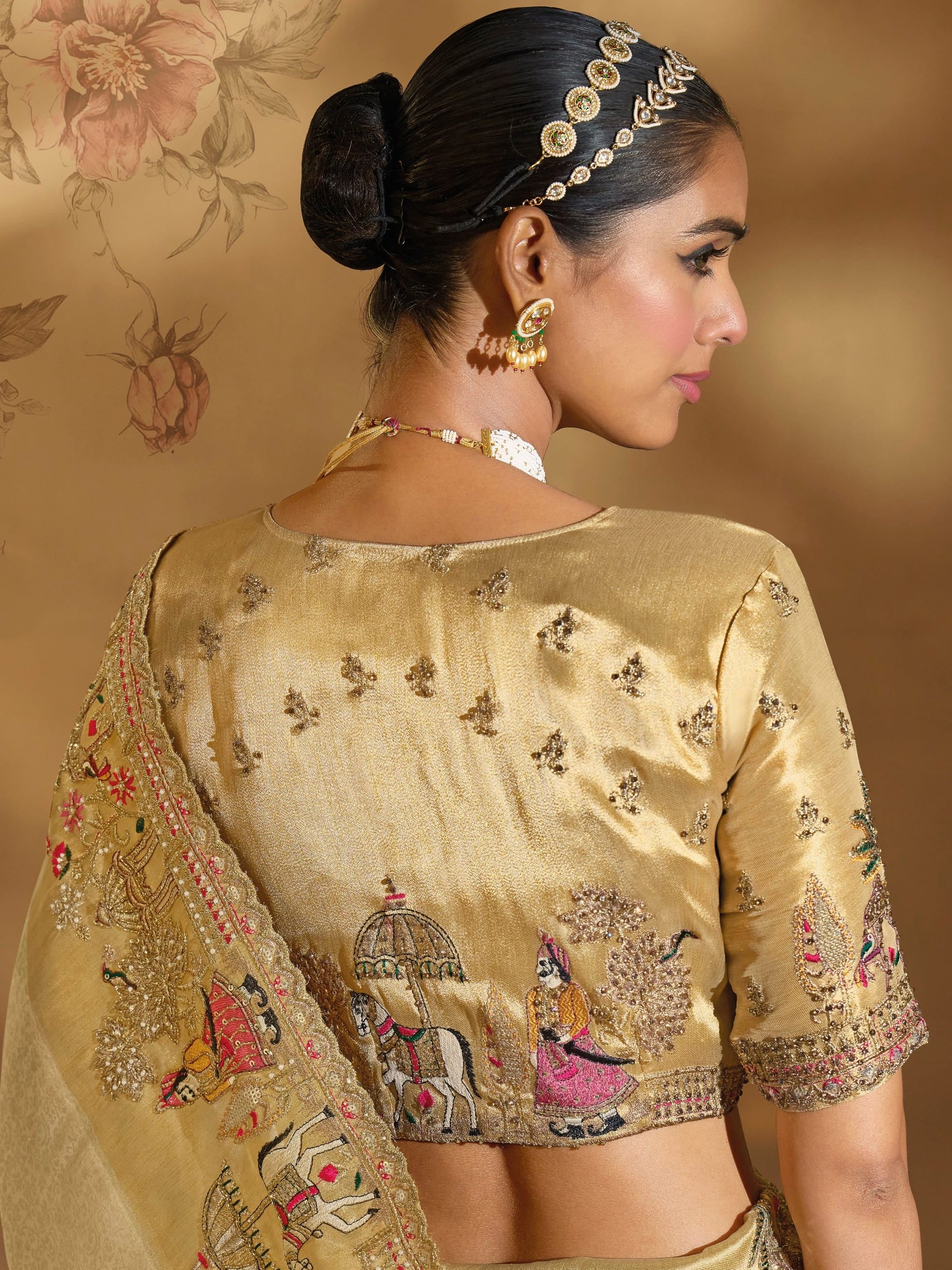 Cream Ziraf Silk Wedding Saree with Heavy Jari and Moti Embroidery