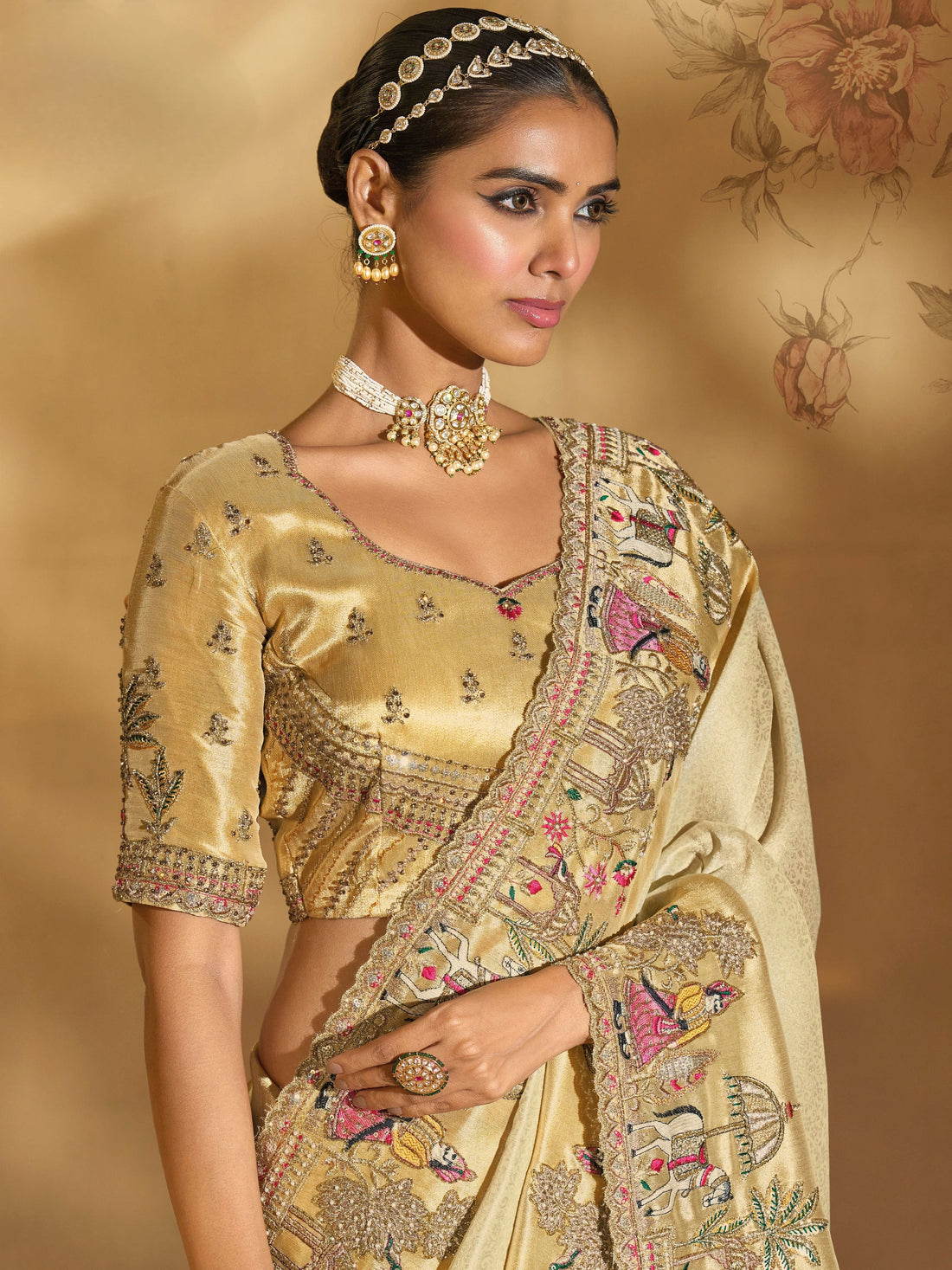 Cream Ziraf Silk Wedding Saree with Heavy Jari and Moti Embroidery