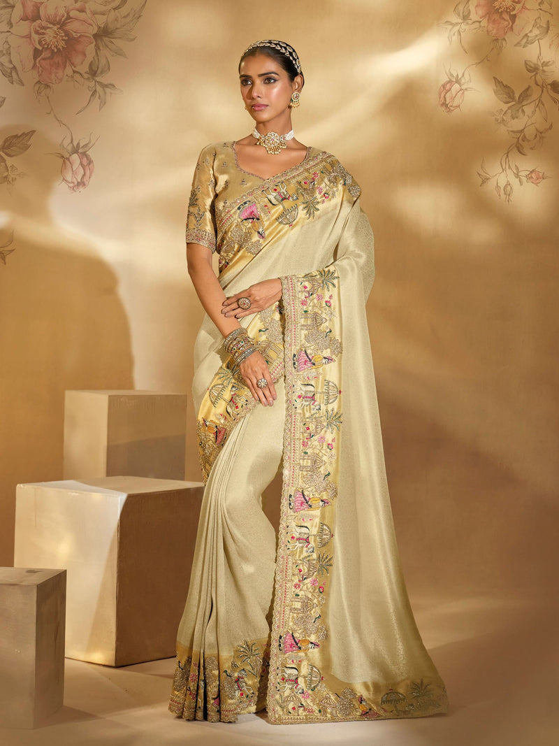 Cream Ziraf Silk Wedding Saree with Heavy Jari and Moti Embroidery