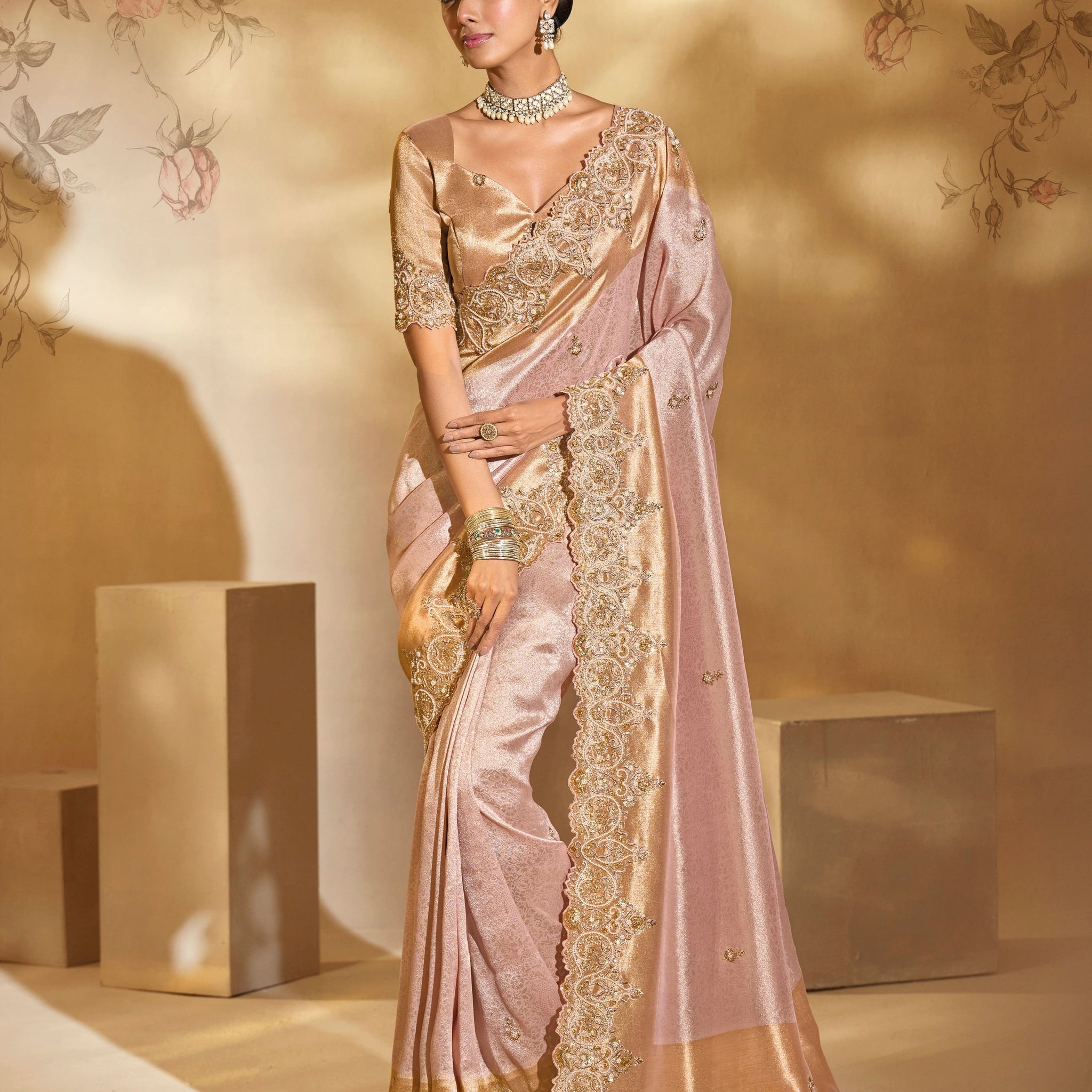 Pink Ziraf Silk Saree with Jari, Moti & Emerald Embroidery