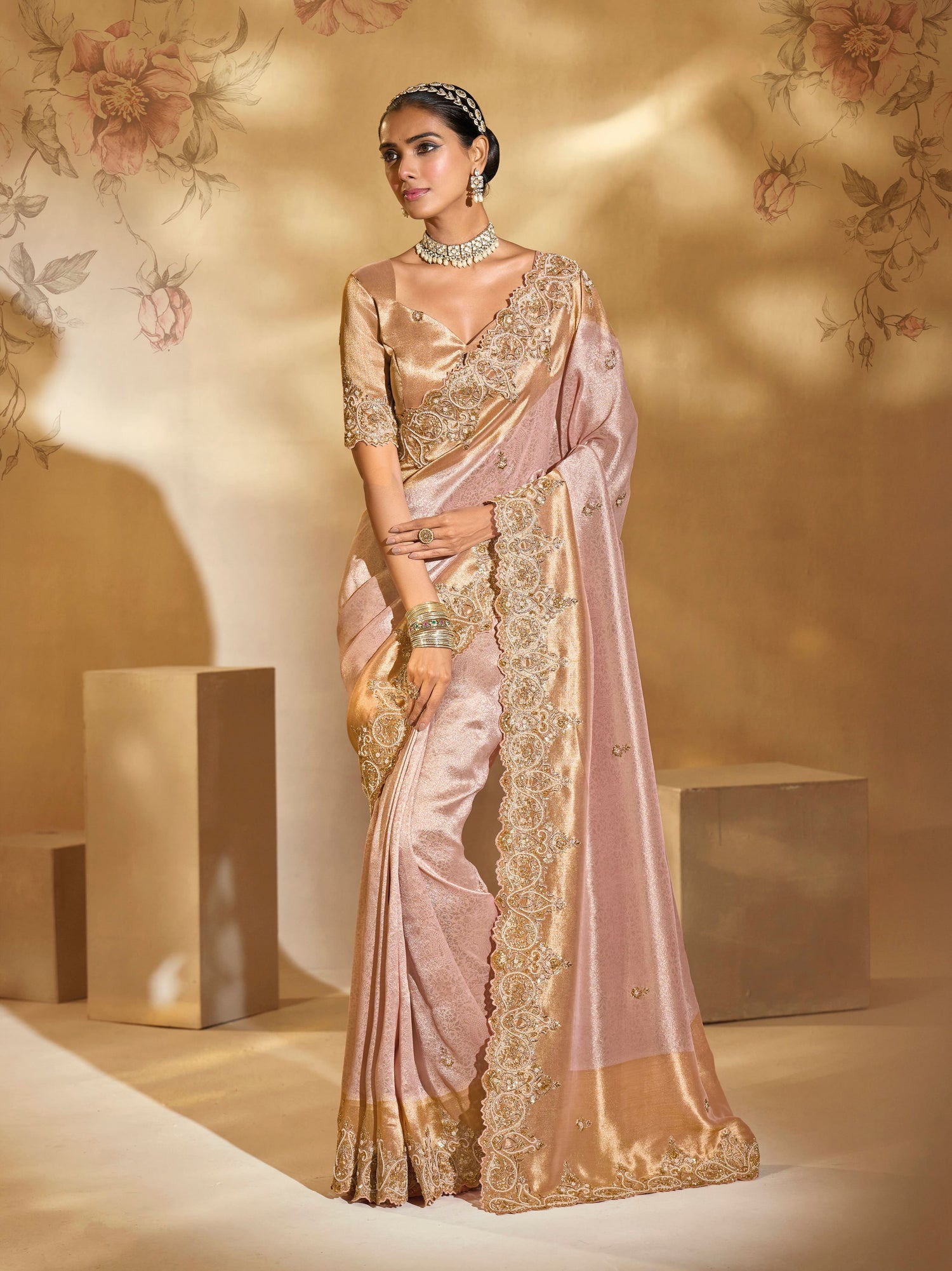 Pink Ziraf Silk Saree with Jari, Moti &amp; Emerald Embroidery