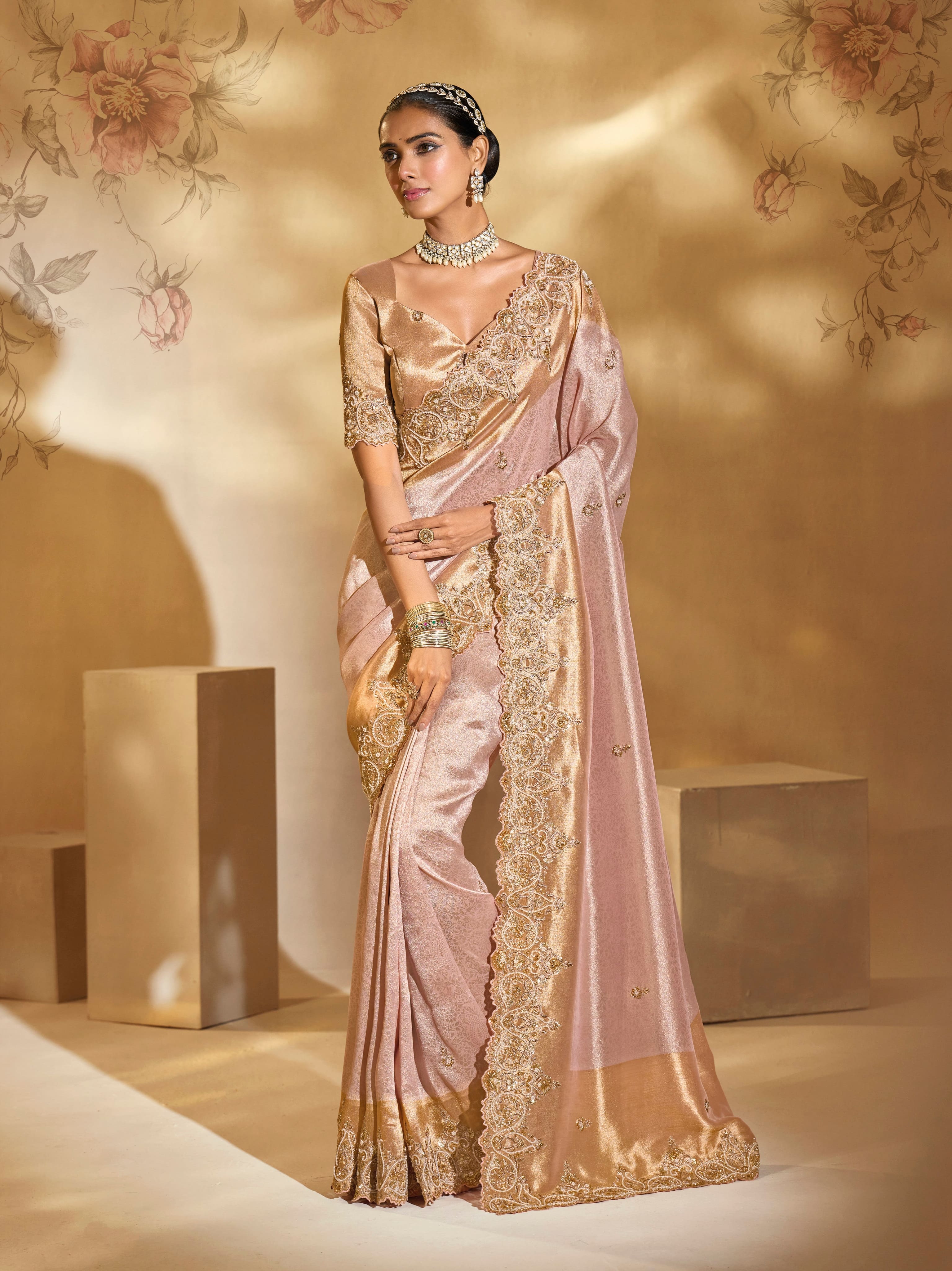 Pink Ziraf Silk Saree with Jari, Moti &amp; Emerald Embroidery
