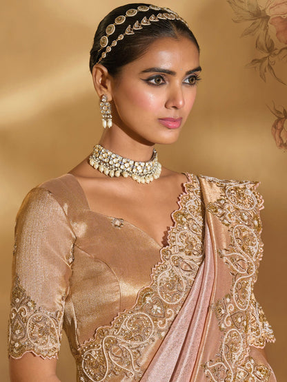 Pink Ziraf Silk Saree with Jari, Moti &amp; Emerald Embroidery
