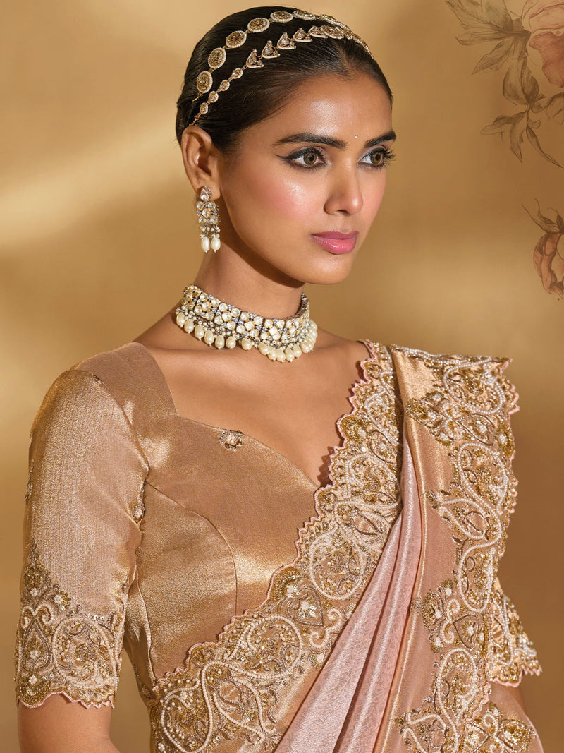 Pink Ziraf Silk Saree with Jari, Moti & Emerald Embroidery