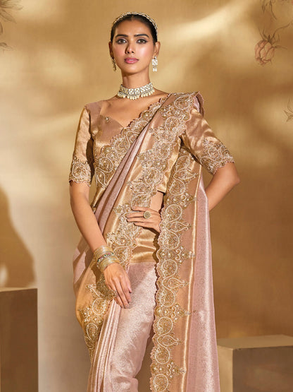 Pink Ziraf Silk Saree with Jari, Moti &amp; Emerald Embroidery