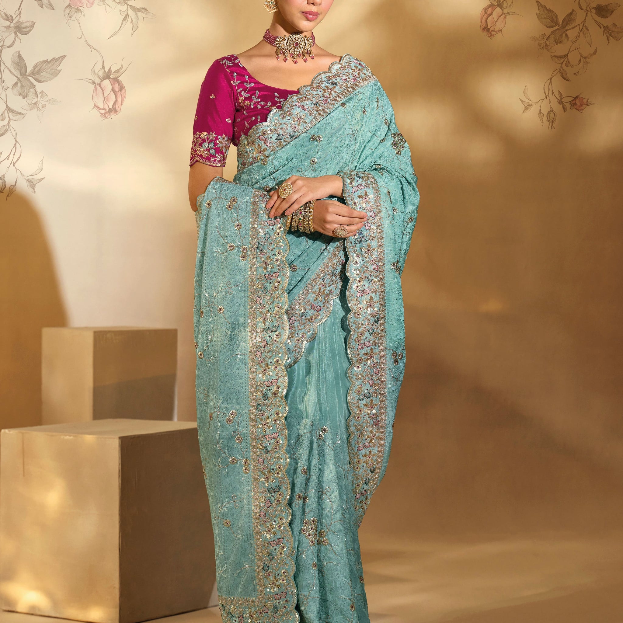 Sea Green Banarasi Silk Saree with Lucknowi & Jarkhan Embroidery