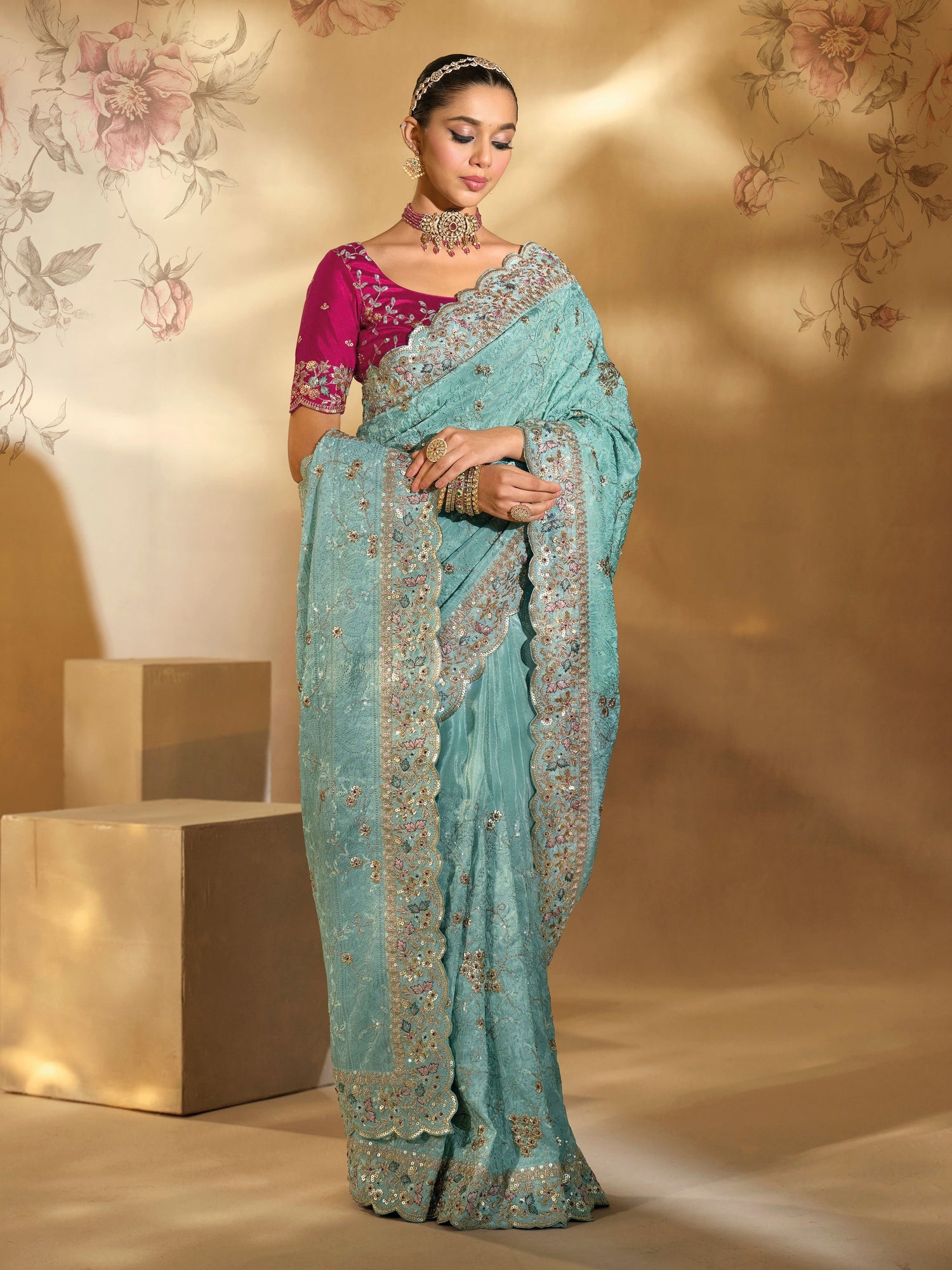 Sea Green Banarasi Silk Saree with Lucknowi &amp; Jarkhan Embroidery