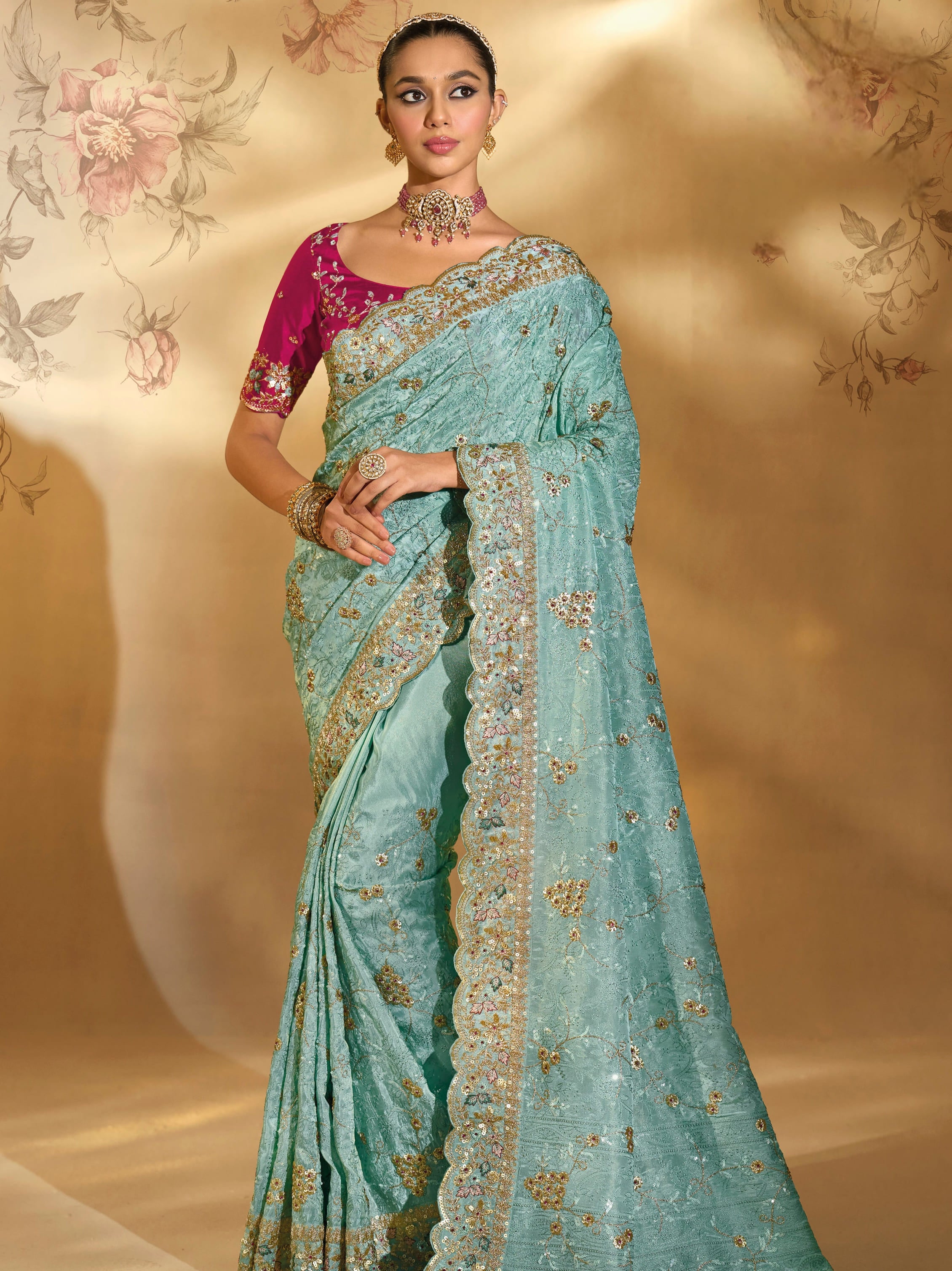 Sea Green Banarasi Silk Saree with Lucknowi & Jarkhan Embroidery