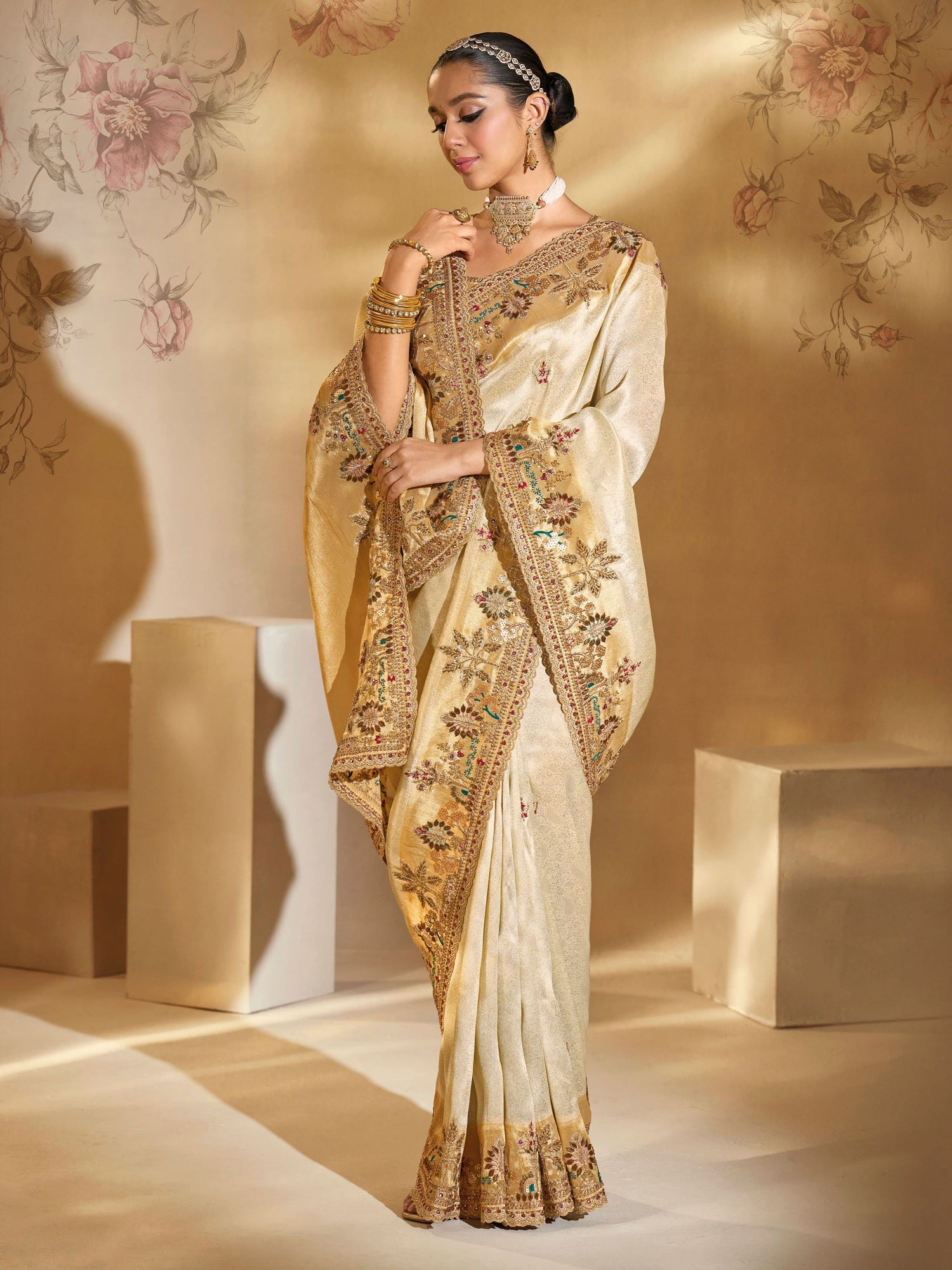 Cream Ziraf Silk Saree with Mirror, Moti &amp; Jardoshi Heavy Work