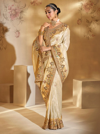Cream Ziraf Silk Saree with Mirror, Moti &amp; Jardoshi Heavy Work