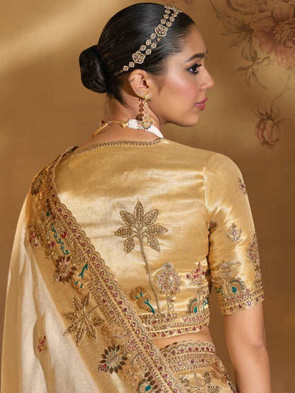 Cream Ziraf Silk Saree with Mirror, Moti &amp; Jardoshi Heavy Work