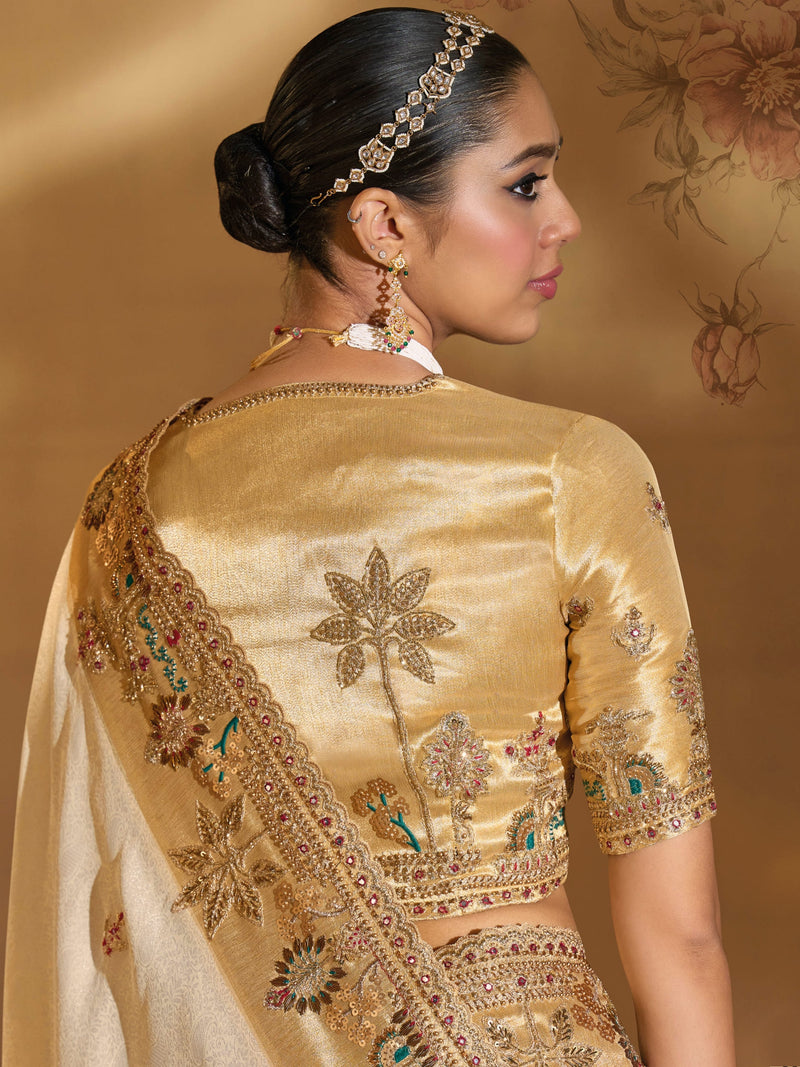 Cream Ziraf Silk Saree with Mirror, Moti & Jardoshi Heavy Work