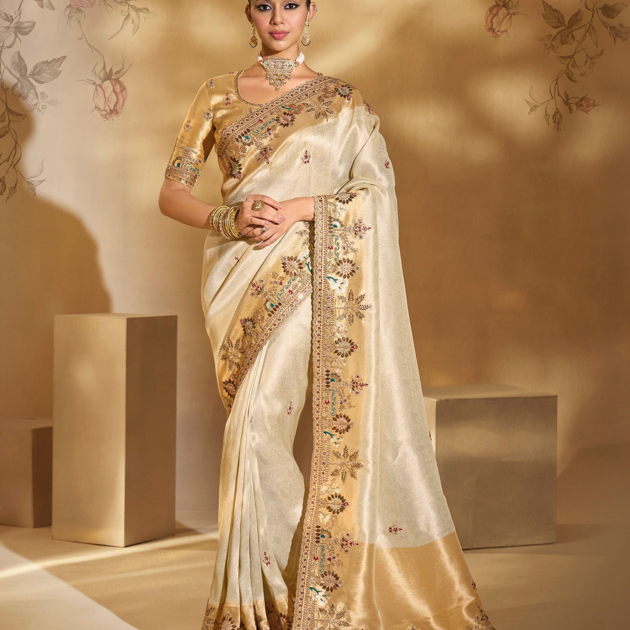 Cream Ziraf Silk Saree with Mirror, Moti & Jardoshi Heavy Work