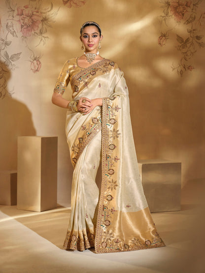 Cream Ziraf Silk Saree with Mirror, Moti &amp; Jardoshi Heavy Work