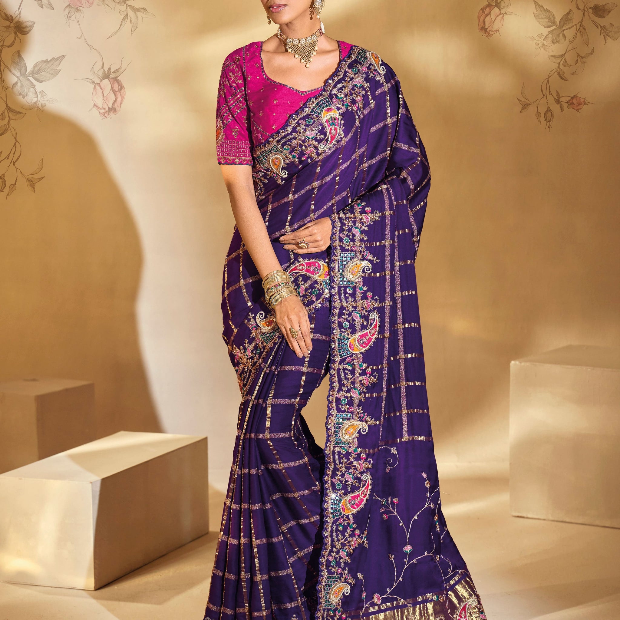 Purple Pure Gajji Silk Saree with Heavy Jari, Moti & Mirror Work