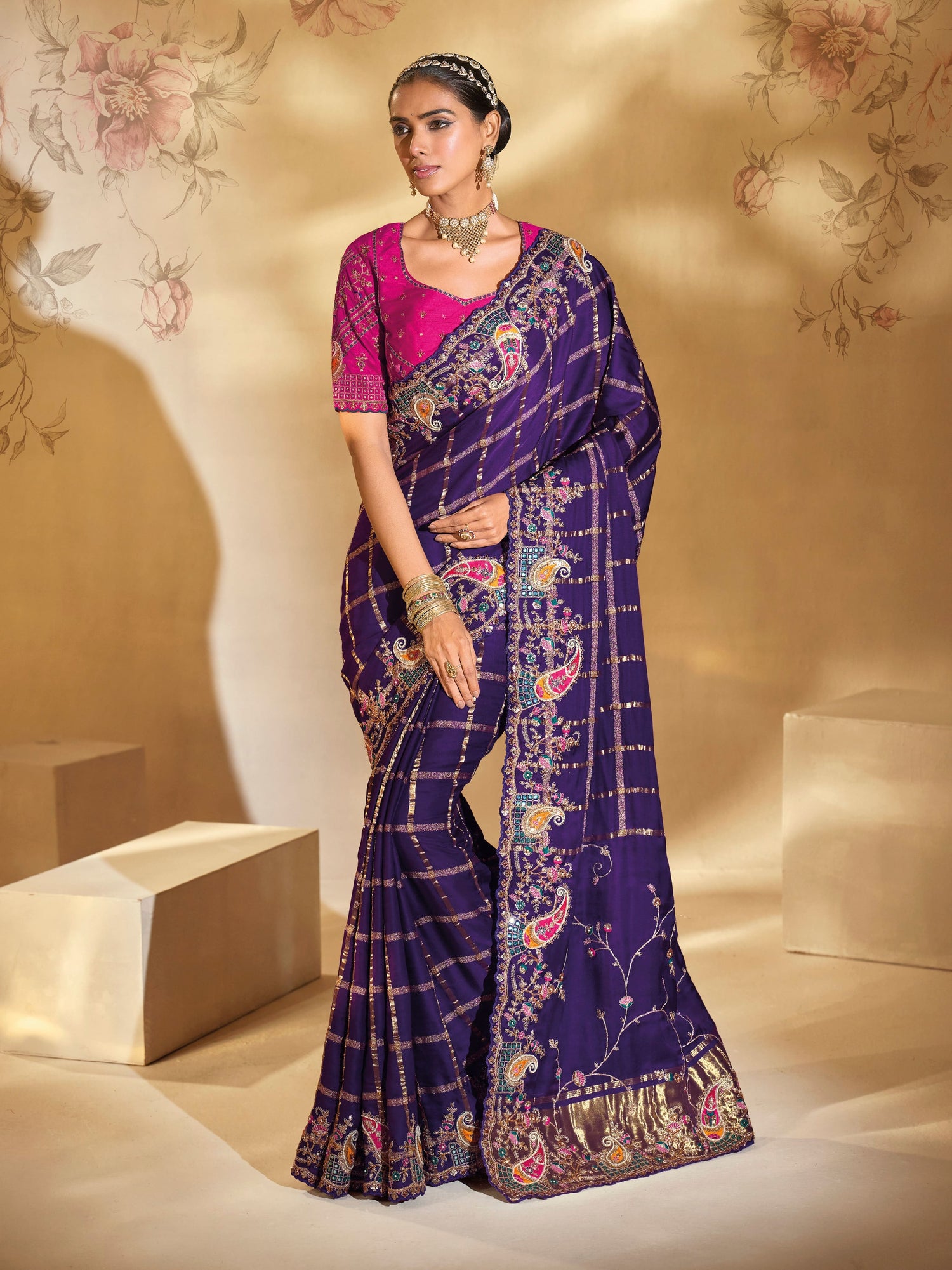 Purple Pure Gajji Silk Saree with Heavy Jari, Moti &amp; Mirror Work