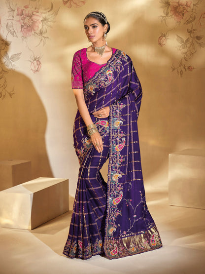 Purple Pure Gajji Silk Saree with Heavy Jari, Moti &amp; Mirror Work