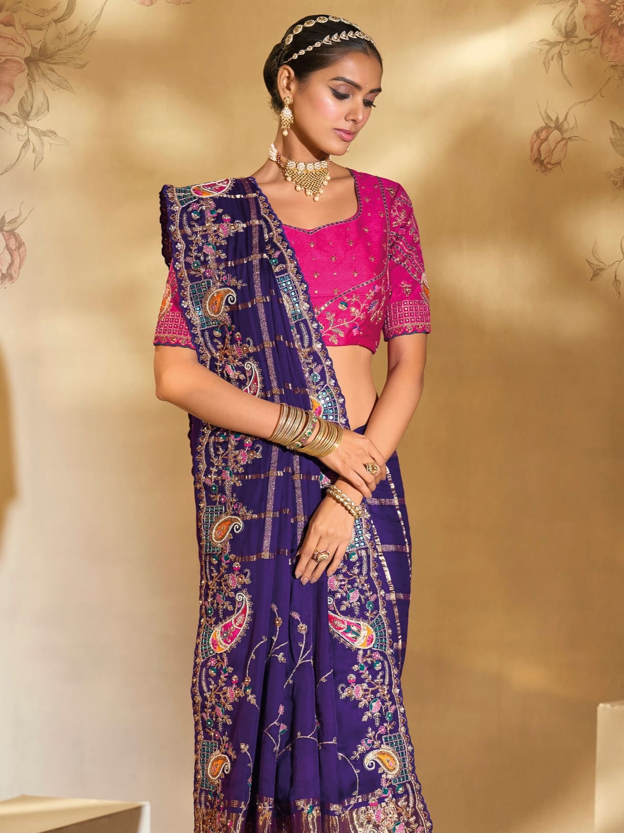 Purple Pure Gajji Silk Saree with Heavy Jari, Moti &amp; Mirror Work