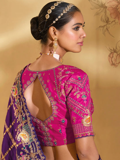 Purple Pure Gajji Silk Saree with Heavy Jari, Moti &amp; Mirror Work