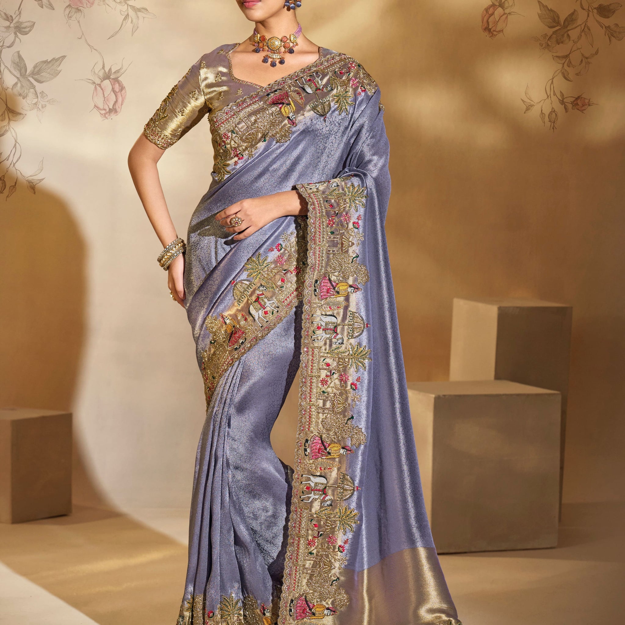 Purple Pure Ziraf Silk Saree with Jari, Thread & Moti Heavy Work