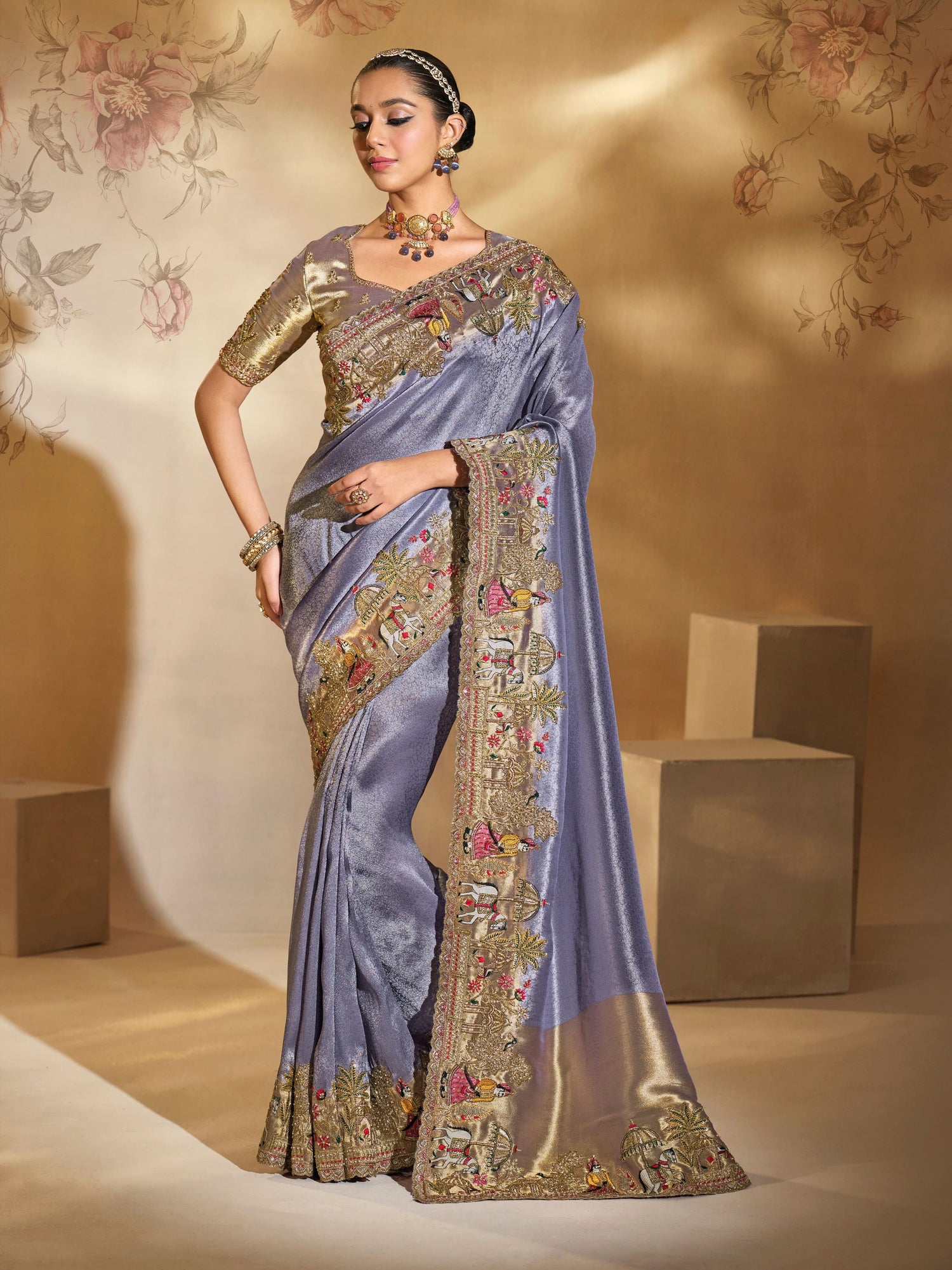 Purple Pure Ziraf Silk Saree with Jari, Thread &amp; Moti Heavy Work