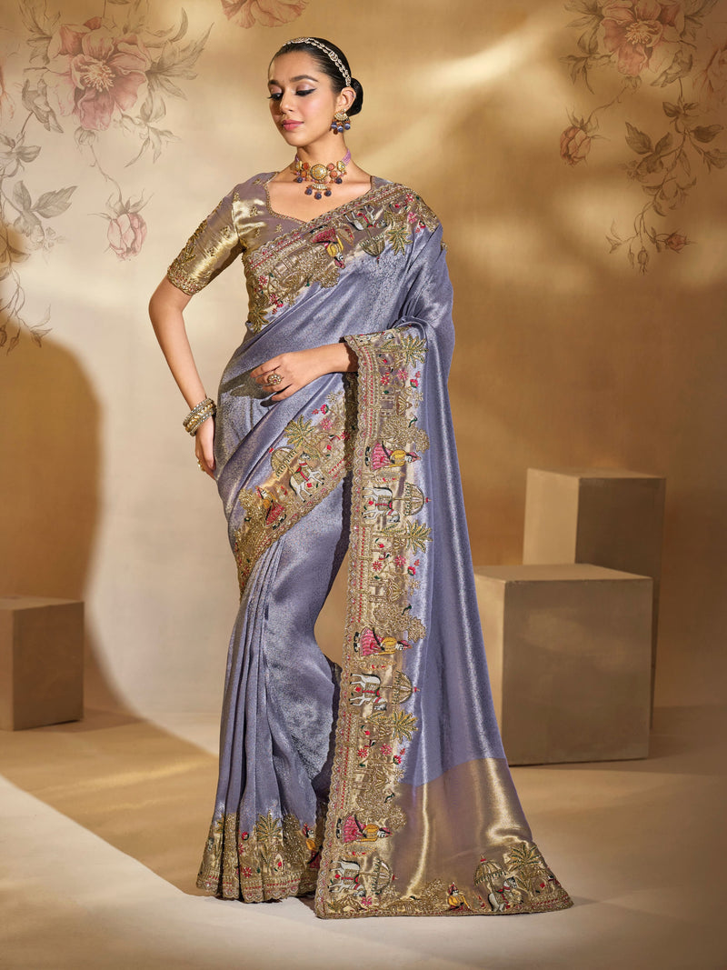 Purple Pure Ziraf Silk Saree with Jari, Thread & Moti Heavy Work