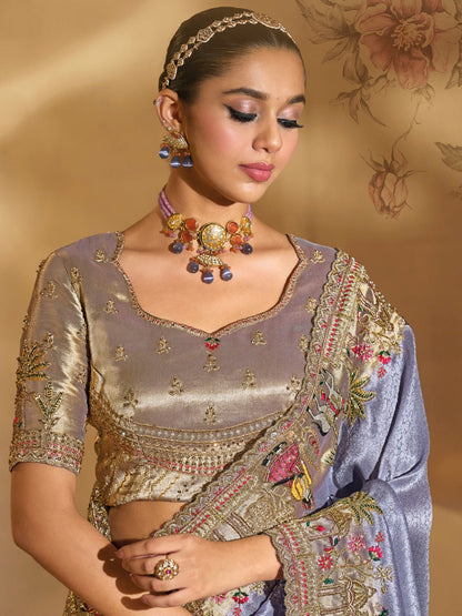 Purple Pure Ziraf Silk Saree with Jari, Thread &amp; Moti Heavy Work