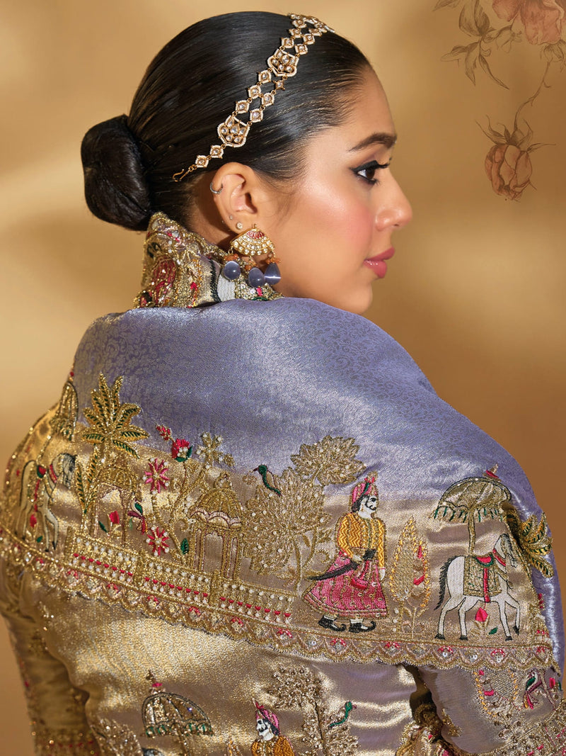 Purple Pure Ziraf Silk Saree with Jari, Thread & Moti Heavy Work