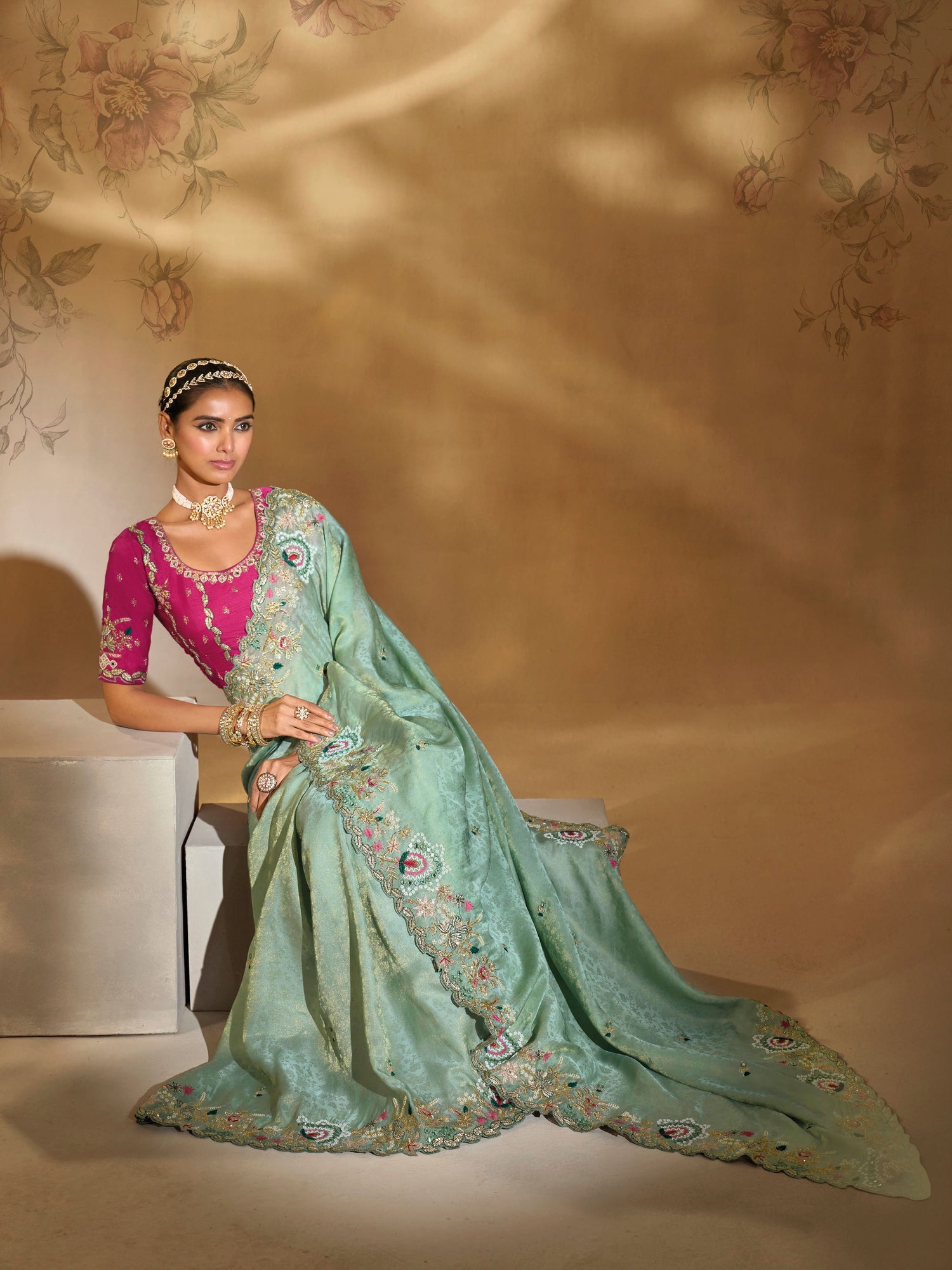Sea Green Kanjipuram Silk Saree with Jari, Thread &amp; Heavy Work