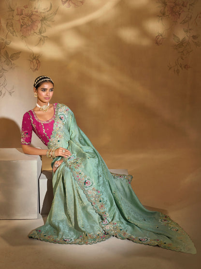 Sea Green Kanjipuram Silk Saree with Jari, Thread &amp; Heavy Work