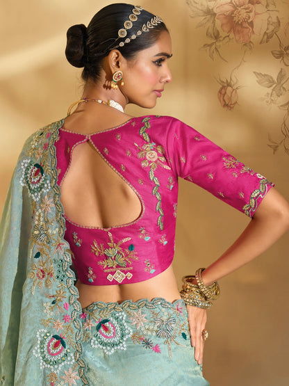 Sea Green Kanjipuram Silk Saree with Jari, Thread &amp; Heavy Work