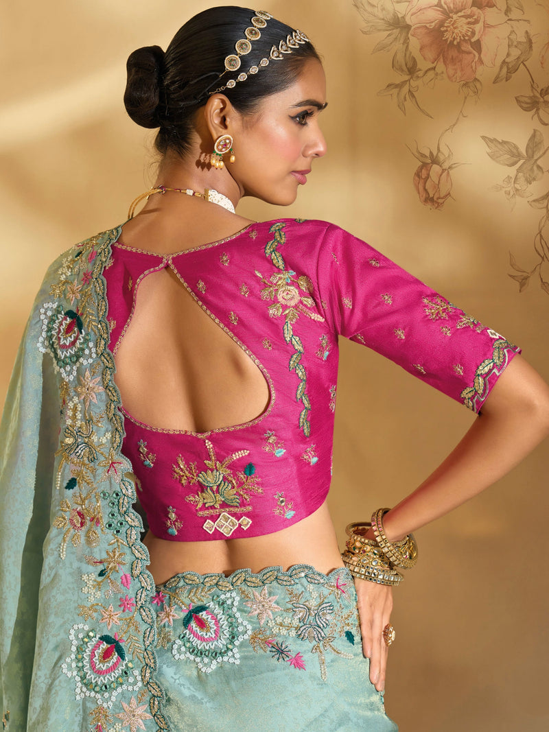 Sea Green Kanjipuram Silk Saree with Jari, Thread & Heavy Work