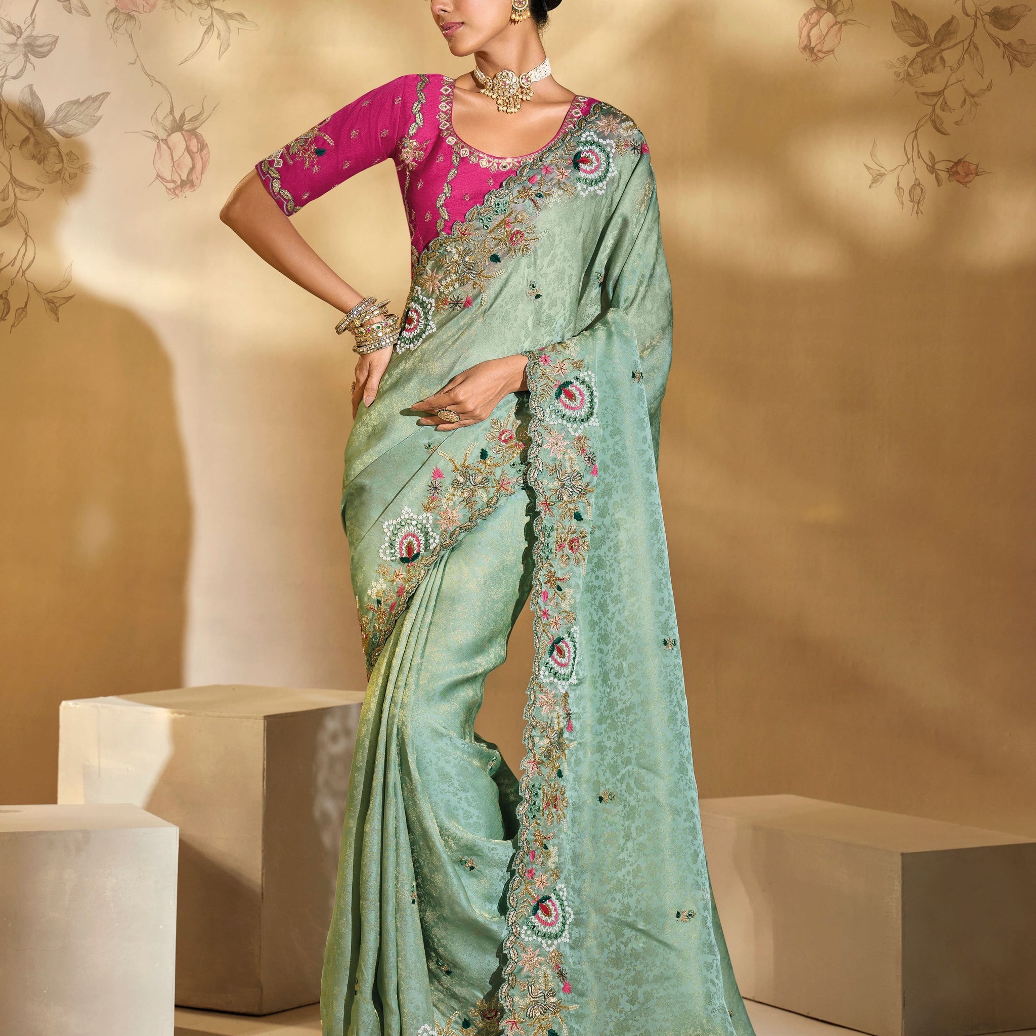 Sea Green Kanjipuram Silk Saree with Jari, Thread & Heavy Work