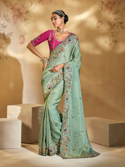Sea Green Kanjipuram Silk Saree with Jari, Thread &amp; Heavy Work