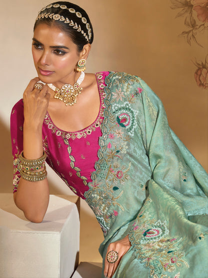 Sea Green Kanjipuram Silk Saree with Jari, Thread &amp; Heavy Work