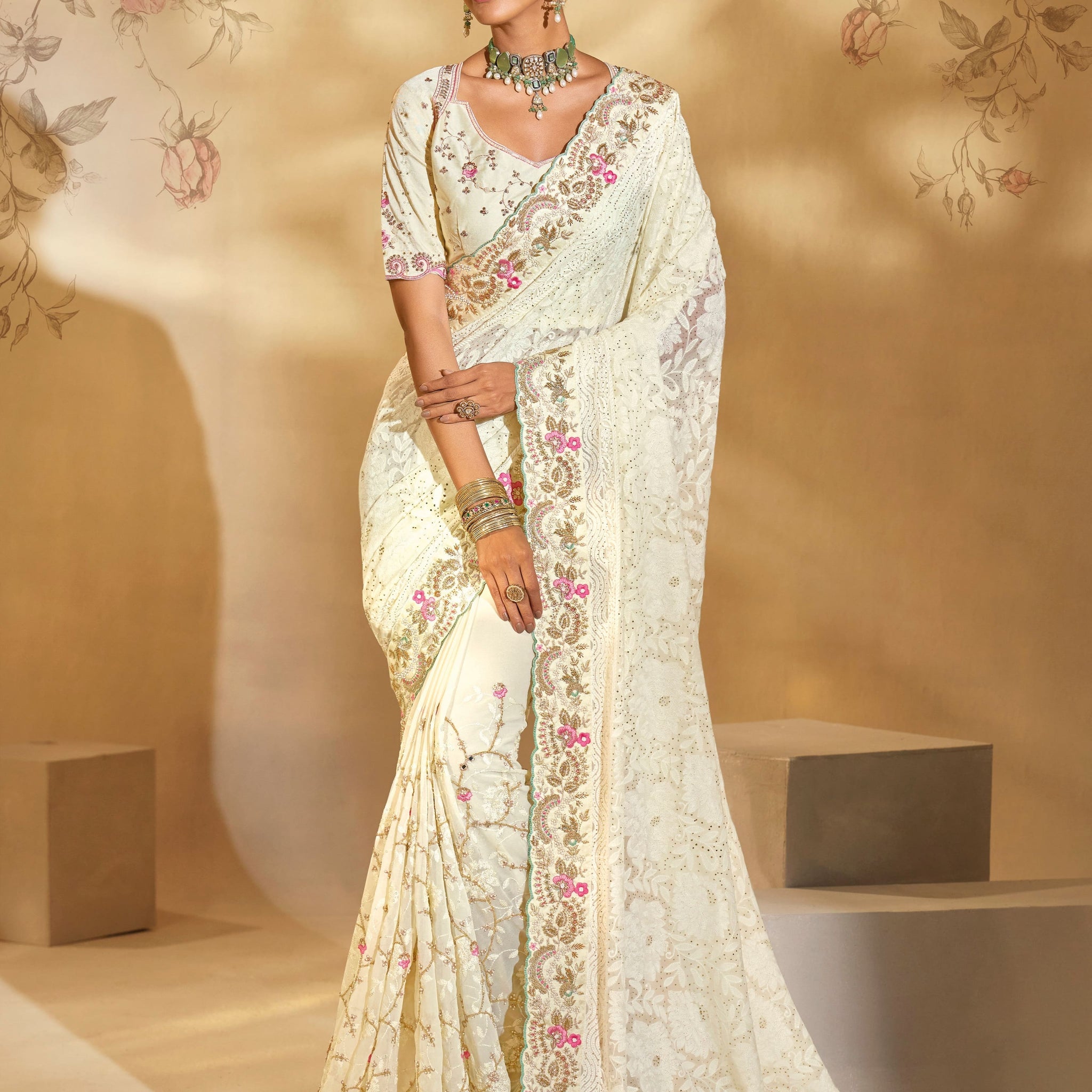Cream Pure Georgette Saree with Lucknowi, Cut Dana & Heavy Work