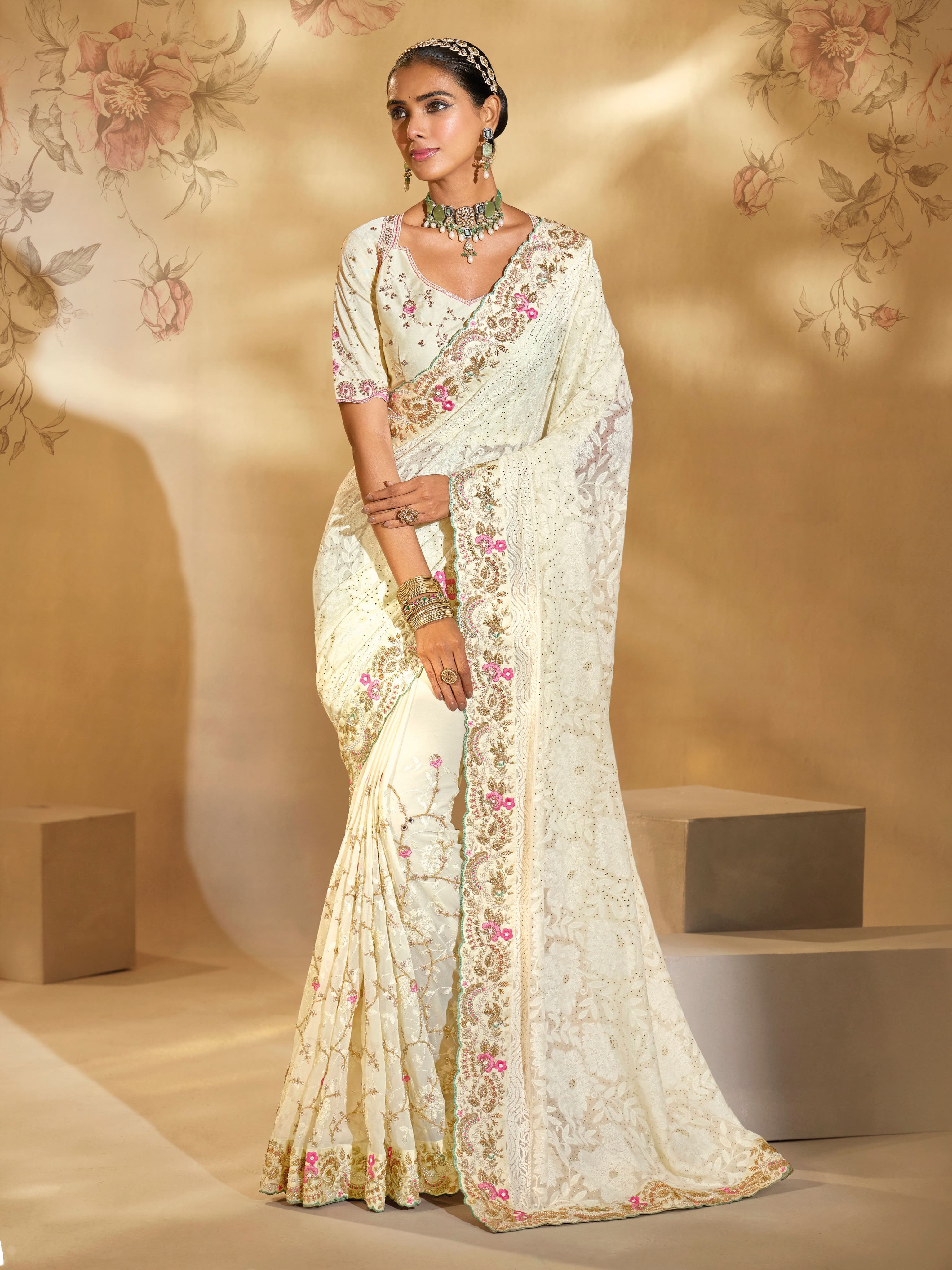 Cream Pure Georgette Saree with Lucknowi, Cut Dana & Heavy Work